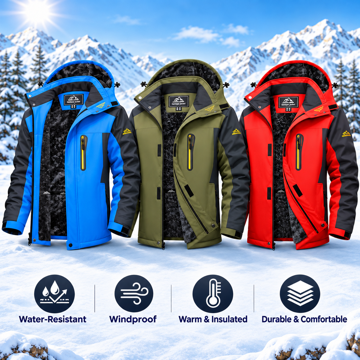 Men's Clothing Fitted Winter Waterproof Fleece-Lined Snow Ski Parka Coat