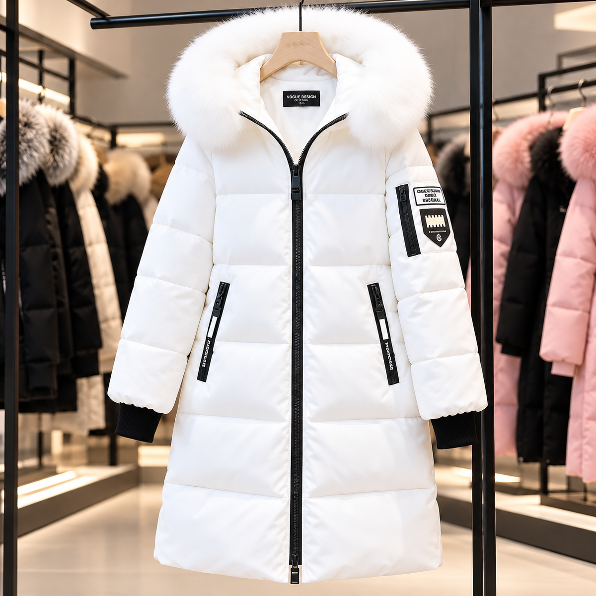 White long winter puffer coat with faux fur hood