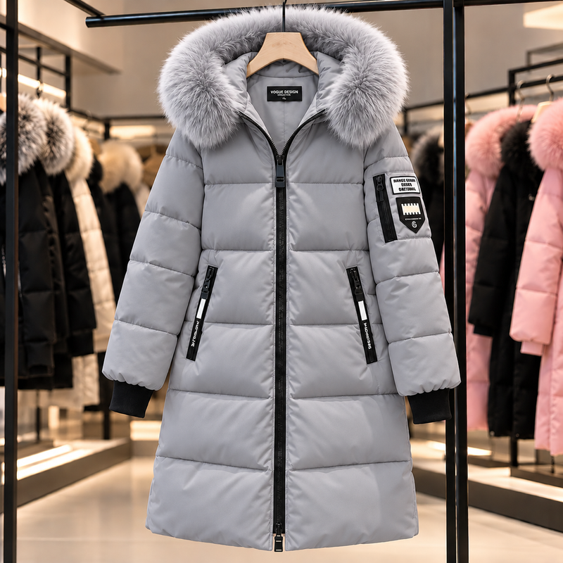 Gray long puffer coat