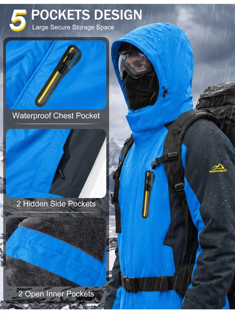 Men's Clothing Fitted Winter Waterproof Fleece-Lined Snow Ski Parka Coat