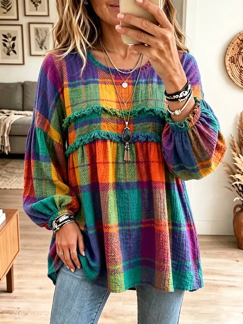 Colorful plaid shirt with ruffle accents