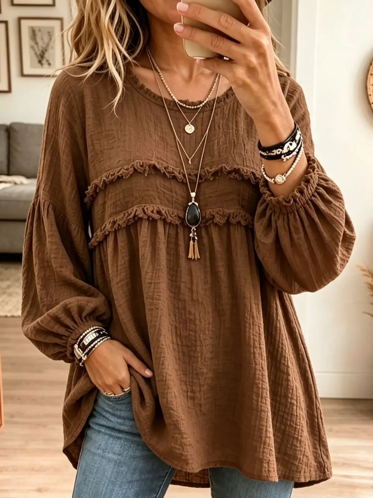 Brown textured crinkle ruffle babydoll tunic blouse