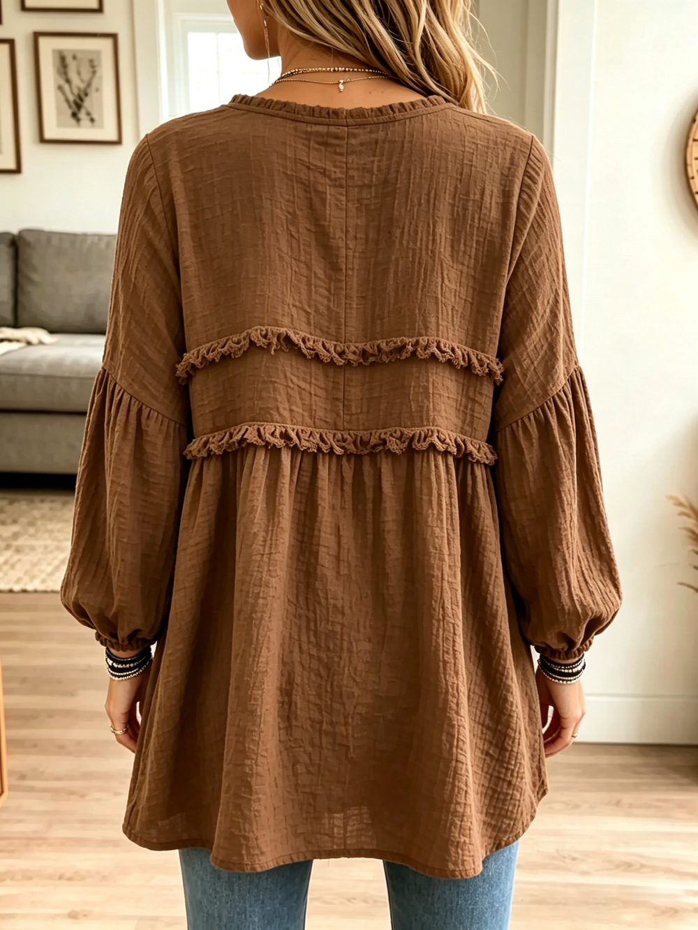 Back view of brown ruffle tunic blouse