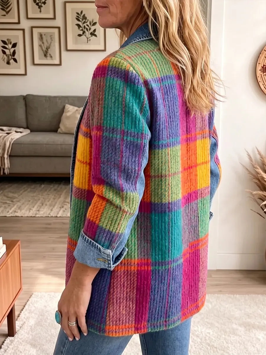 Side and back view of colorful plaid jacket