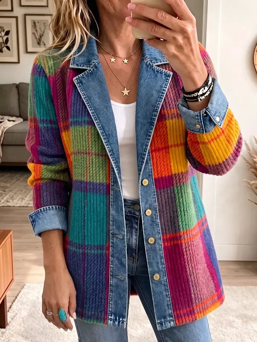 Front view of denim-trim plaid jacket