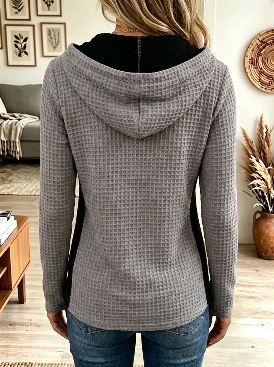 Back view showing hood and waffle knit